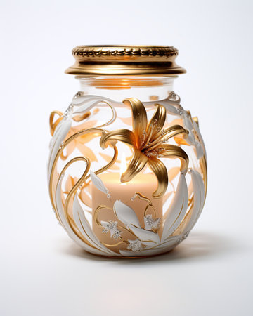 Decorative glass jar with floral ornament on white background. 3d illustrationの素材