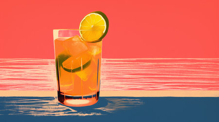 Tequila sunrise cocktail with lime and ice on a red backgroundの素材