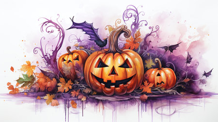 Halloween pumpkins on watercolor background with autumn leaves. Illustrationの素材