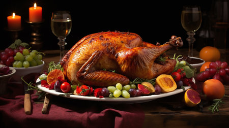 Roasted turkey or chicken on Christmas table with wine and fruits.の素材
