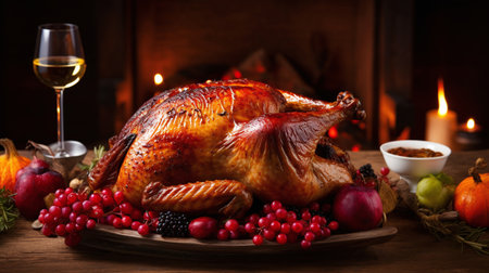 Roasted turkey or chicken for Thanksgiving dinner. Traditional holiday food.の素材