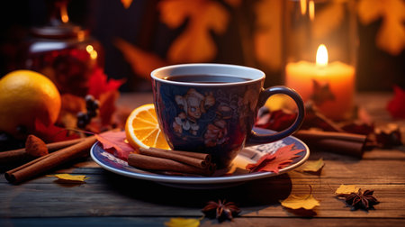 Cup of hot tea with spices and autumn leaves on wooden backgroundの素材