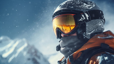 Close up of snowboarder in helmet and goggles against snowy landscapeの素材