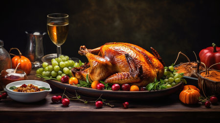Thanksgiving dinner. Roasted turkey or chicken on wooden table decorated with pumpkins, apples, cranberries and wine.の素材