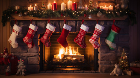 Christmas stocking by the fireplace at home. Christmas and New Year concept.の素材
