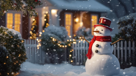 Snowman with red hat and scarf standing in front of house at night.の素材