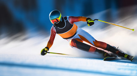 Close up of a skier in action at the ski race.の素材