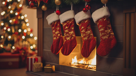 Red Christmas socks on the background of the fireplace and the Christmas treeの素材