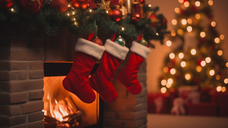 Christmas socks on a background of a fireplace and a Christmas tree.の素材