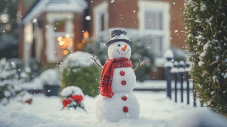 Snowman in front of a house on a snowy day. Christmas and New Year concept.の素材