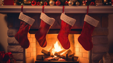 Christmas stocking on fireplace background. Christmas and New Year holidays concept.の素材