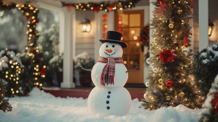 Snowman in front of the house decorated for Christmas and New Yearの素材