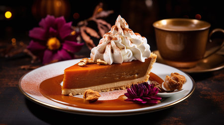 Piece of pumpkin pie with whipped cream and cup of coffee.の素材