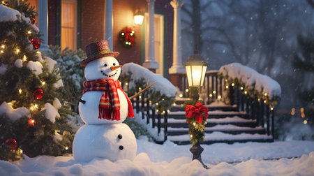 Snowman on porch of house at night. Christmas and New Year holiday concept.の素材