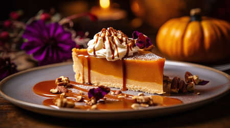 Pumpkin cheesecake with whipped cream and caramel sauce, selective focusの素材