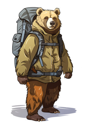 Vector illustration of a brown bear in a jacket with a backpack.の素材