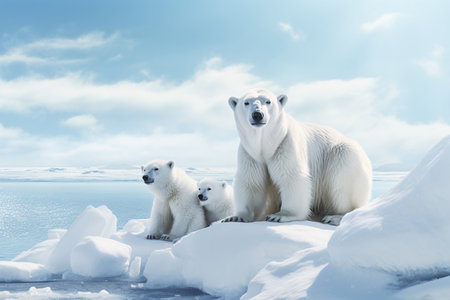 Polar bear with cub on the pack ice, north of Svalbard Arctic Norwayの素材