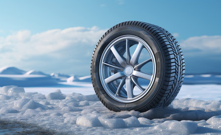 3d rendering of a car tire on the snow in winter.の素材