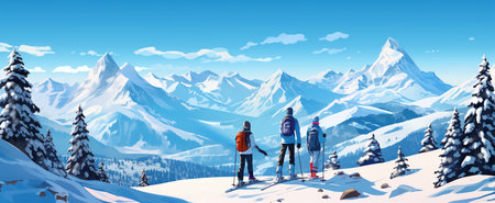 Winter mountains panorama with snowboarders and snowboarders. Vector illustrationの素材