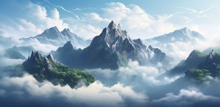 Panoramic view of the mountains in the clouds. 3d renderingの素材
