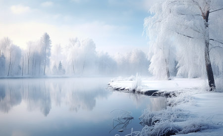 Winter landscape with river and trees in hoarfrost on the shoreの素材