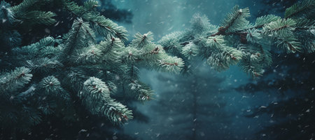 Frozen winter forest with snow covered trees. Coniferous branch.の素材