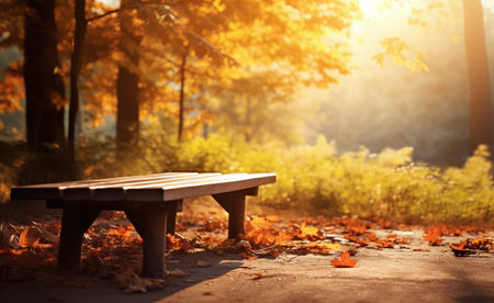 Wooden bench in the autumn park on a sunny day. Autumn concept.の素材