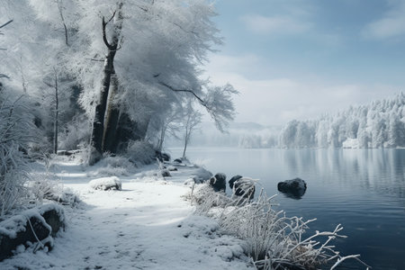 Beautiful winter landscape with snow covered trees on the shore of lakeの素材