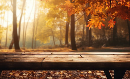 Wooden table in the autumn forest. Empty table for product display montages.の素材