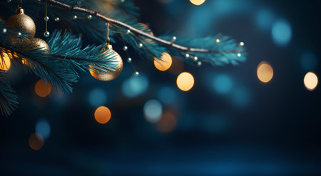 Christmas tree branch with golden baubles on bokeh backgroundの素材