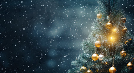 Christmas tree with golden baubles and snowfall on dark backgroundの素材