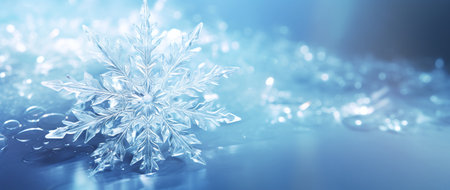 Snowflake on blue background with bokeh effect. Christmas and New Year concept.の素材