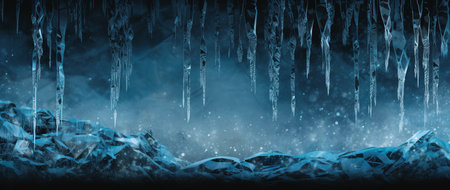 Winter landscape with ice and icicles. 3d render illustration.の素材