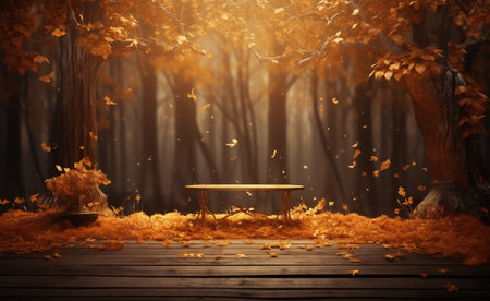 Autumn scene with wooden table and fallen leaves. 3d renderingの素材