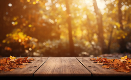 Wooden table in autumn park with fallen leaves and bokehの素材