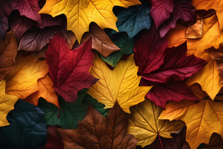 Autumn leaves background. Close-up image of colorful autumn leaves.の素材