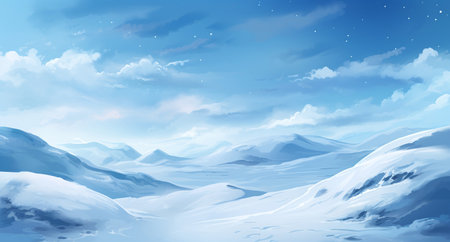 Winter landscape background with snow covered hills and blue sky. Vector illustration.の素材
