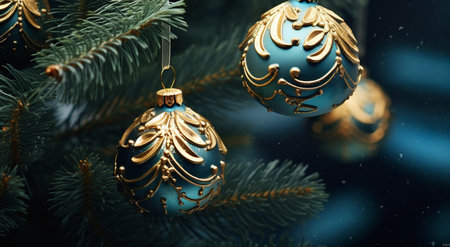 Christmas and New Year holidays background. Christmas tree decorations on blue backgroundの素材