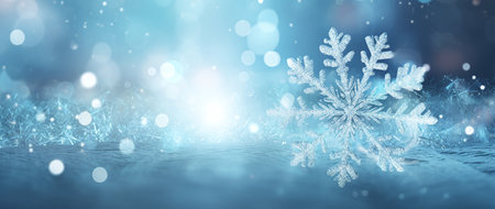 Snowflake on blue bokeh background. Christmas and New Year conceptの素材