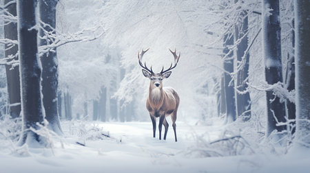 Majestic red deer stag in snowy winter forest. Dramatic wintry scene.の素材