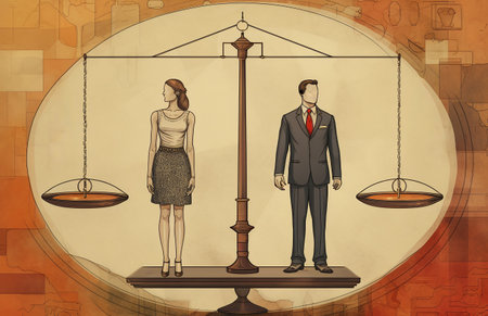 Businessman and businesswoman on scales. Illustration in retro styleの素材