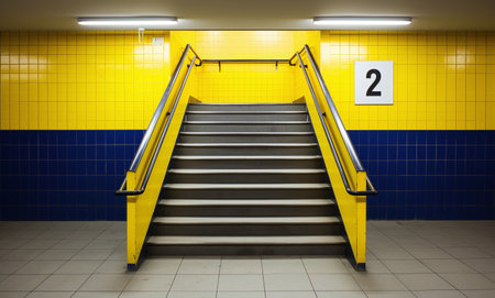 Staircase in a subway station with a blue and yellow wallの素材