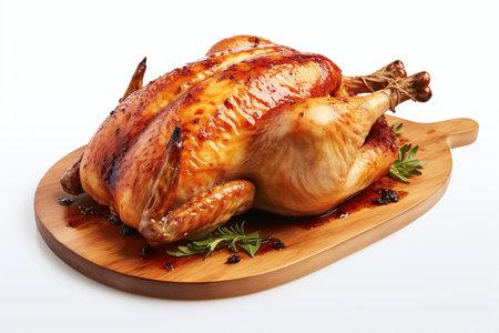 Whole roasted chicken on a wooden board isolated on white background.の素材