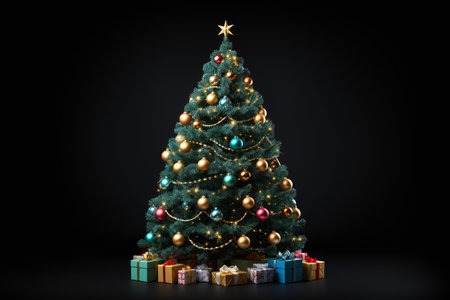 Christmas tree with gifts on black background. 3D illustrations. Copy space.の素材