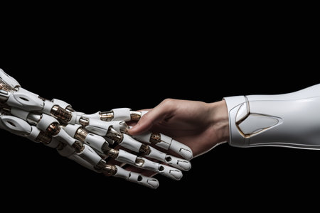Close-up of robot hand and human hand isolated on black backgroundの素材
