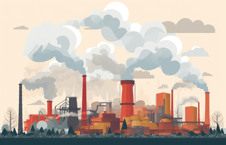 Industrial landscape with factory chimneys. Vector illustration in flat styleの素材