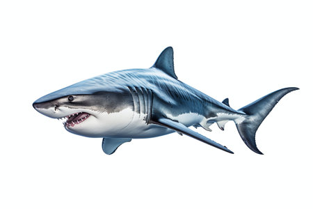 3D digital render of a great white shark isolated on white backgroundの素材