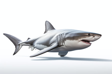 Great white shark isolated on white background. 3D render illustration.の素材