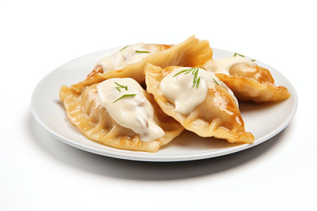 Plate of fried dumplings with sour cream on white backgroundの素材