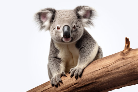 Koala bear sitting on a tree branch isolated on a white backgroundの素材